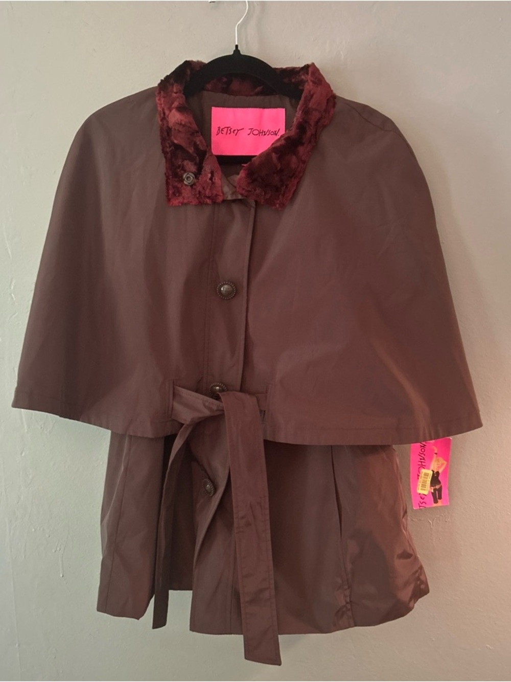 Betsy Johnson Brown Nylon All Weather Capelet Jacket/Coat Faux Fur Sz Large NWT